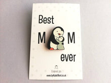 Load image into Gallery viewer, Penguin and chick wooden pin brooch, Mum and baby cute little penguin badge, eco friendly wood