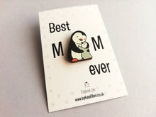 Load image into Gallery viewer, Penguin and chick wooden pin brooch, Mum and baby cute little penguin badge, eco friendly wood