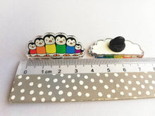 Load image into Gallery viewer, Rainbow penguin pin, recycled acrylic, penguin line up, rainbow jumpers