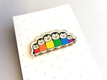 Load image into Gallery viewer, Rainbow penguin pin, recycled acrylic, penguin line up, rainbow jumpers