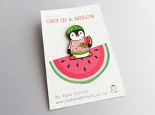 Load image into Gallery viewer, Watermelon penguin soft enamel pin, penguin brooch. You are one in a melon. Positive, cheer up gift