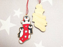 Load image into Gallery viewer, Christmas penguins, stocking pin, and decoration, wooden penguin, eco friendly