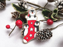 Load image into Gallery viewer, Christmas penguins, stocking pin, and decoration, wooden penguin, eco friendly