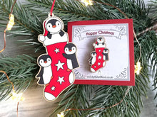 Load image into Gallery viewer, Christmas penguins, stocking pin, and decoration, wooden penguin, eco friendly
