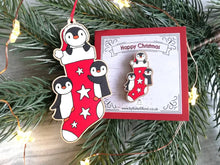 Load image into Gallery viewer, Christmas penguins, stocking pin, and decoration, wooden penguin, eco friendly