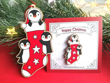 Load image into Gallery viewer, Christmas penguins, stocking pin, and decoration, wooden penguin, eco friendly