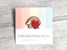 Load image into Gallery viewer, A little blob of peace and love enamel pin, cute happy blob, dove and heart, positive enamel brooch, friendship, supportive enamel badges