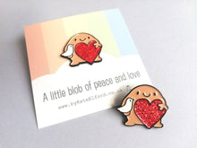 Load image into Gallery viewer, A little blob of peace and love enamel pin, cute happy blob, dove and heart, positive enamel brooch, friendship, supportive enamel badges