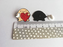 Load image into Gallery viewer, A little blob of peace and love enamel pin, cute happy blob, dove and heart, positive enamel brooch, friendship, supportive enamel badges