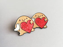 Load image into Gallery viewer, A little blob of peace and love enamel pin, cute happy blob, dove and heart, positive enamel brooch, friendship, supportive enamel badges
