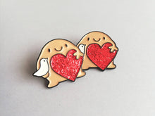 Load image into Gallery viewer, A little blob of peace and love enamel pin, cute happy blob, dove and heart, positive enamel brooch, friendship, supportive enamel badges