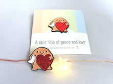 Load image into Gallery viewer, A little blob of peace and love enamel pin, cute happy blob, dove and heart, positive enamel brooch, friendship, supportive enamel badges
