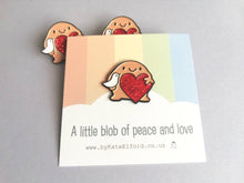 Load image into Gallery viewer, A little blob of peace and love enamel pin, cute happy blob, dove and heart, positive enamel brooch, friendship, supportive enamel badges