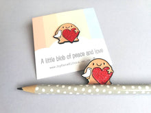 Load image into Gallery viewer, A little blob of peace and love enamel pin, cute happy blob, dove and heart, positive enamel brooch, friendship, supportive enamel badges