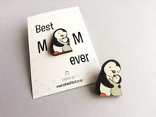Load image into Gallery viewer, Penguin and chick wooden pin brooch, Mum and baby cute little penguin badge, eco friendly wood