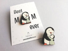 Load image into Gallery viewer, Penguin and chick wooden pin brooch, Mum and baby cute little penguin badge, eco friendly wood
