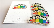 Load image into Gallery viewer, Rainbow penguin pin, recycled acrylic, penguin line up, rainbow jumpers