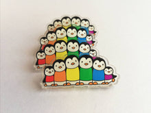 Load image into Gallery viewer, Rainbow penguin pin, recycled acrylic, penguin line up, rainbow jumpers