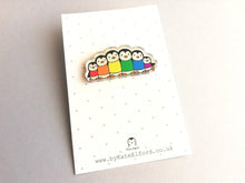 Load image into Gallery viewer, Rainbow penguin pin, recycled acrylic, penguin line up, rainbow jumpers