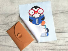Load image into Gallery viewer, Glasses, screen cleaner, reading penguin, one more page, book lens cloth, cute screen wipe, fabric screen wipe