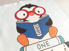 Load image into Gallery viewer, Glasses, screen cleaner, reading penguin, one more page, book lens cloth, cute screen wipe, fabric screen wipe