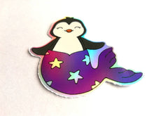 Load image into Gallery viewer, Penguin mermaid holographic vinyl sticker, purple rainbow mermaid sticker