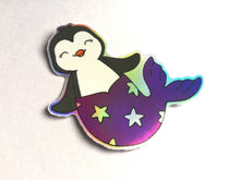Load image into Gallery viewer, Penguin mermaid holographic vinyl sticker, purple rainbow mermaid sticker