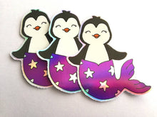 Load image into Gallery viewer, Penguin mermaid holographic vinyl sticker, purple rainbow mermaid sticker