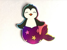 Load image into Gallery viewer, Penguin mermaid holographic vinyl sticker, purple rainbow mermaid sticker
