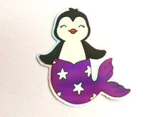 Load image into Gallery viewer, Penguin mermaid holographic vinyl sticker, purple rainbow mermaid sticker