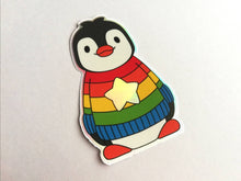 Load image into Gallery viewer, Penguin iridescent holographic vinyl sticker, rainbow and star jumper, boo the penguin sticker
