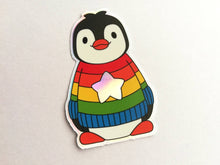 Load image into Gallery viewer, Penguin iridescent holographic vinyl sticker, rainbow and star jumper, boo the penguin sticker