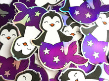 Load image into Gallery viewer, Penguin mermaid holographic vinyl sticker, purple rainbow mermaid sticker