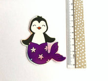 Load image into Gallery viewer, Penguin mermaid holographic vinyl sticker, purple rainbow mermaid sticker