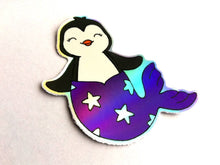 Load image into Gallery viewer, Penguin mermaid holographic vinyl sticker, purple rainbow mermaid sticker