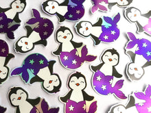 Load image into Gallery viewer, Penguin mermaid holographic vinyl sticker, purple rainbow mermaid sticker
