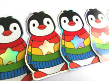 Load image into Gallery viewer, Penguin iridescent holographic vinyl sticker, rainbow and star jumper, boo the penguin sticker