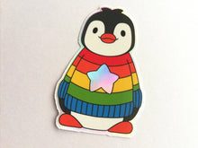 Load image into Gallery viewer, Penguin iridescent holographic vinyl sticker, rainbow and star jumper, boo the penguin sticker