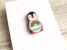 Load image into Gallery viewer, Rainbow penguin wooden pin badge, cute mini penguin brooch. Eco-friendly pin
