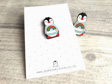 Load image into Gallery viewer, Rainbow penguin wooden pin badge, cute mini penguin brooch. Eco-friendly pin
