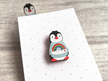Load image into Gallery viewer, Rainbow penguin wooden pin badge, cute mini penguin brooch. Eco-friendly pin