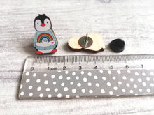 Load image into Gallery viewer, Rainbow penguin wooden pin badge, cute mini penguin brooch. Eco-friendly pin