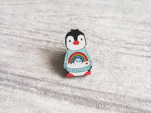 Load image into Gallery viewer, Rainbow penguin wooden pin badge, cute mini penguin brooch. Eco-friendly pin
