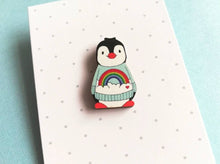 Load image into Gallery viewer, Rainbow penguin wooden pin badge, cute mini penguin brooch. Eco-friendly pin