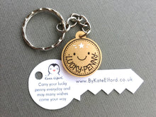 Load image into Gallery viewer, Lucky penny keyring. Cute good luck acrylic charm. New home, job, exams, interview, bingo, superstition, cute key fob, key chain, bag charm