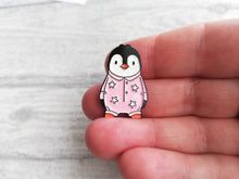 Load image into Gallery viewer, Penguin enamel pin, life is better in pyjamas brooch. Pink or blue cute pin