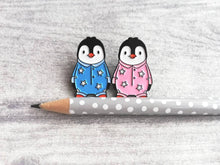 Load image into Gallery viewer, Penguin enamel pin, life is better in pyjamas brooch. Pink or blue cute pin
