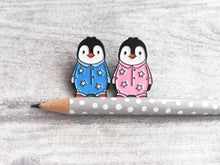 Load image into Gallery viewer, Penguin enamel pin, life is better in pyjamas brooch. Pink or blue cute pin