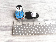 Load image into Gallery viewer, Penguin enamel pin, life is better in pyjamas brooch. Pink or blue cute pin
