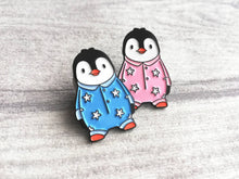 Load image into Gallery viewer, Penguin enamel pin, life is better in pyjamas brooch. Pink or blue cute pin